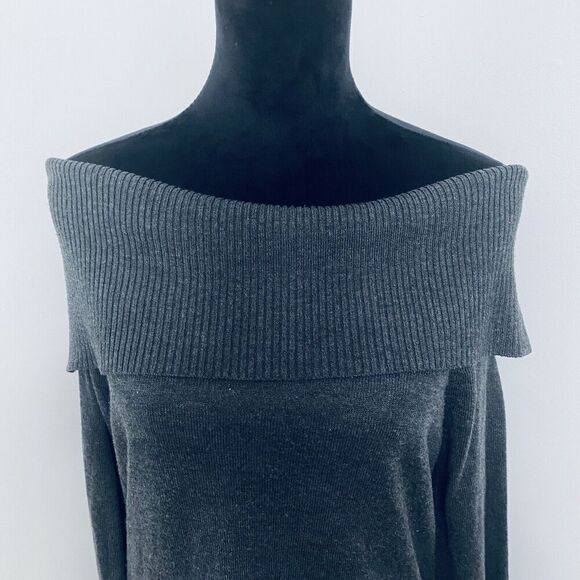 Calvin Klein Gray Foldover Off Shoulder Long Sleeve Knit Sweater Women's Medium - Picture 2 of 14